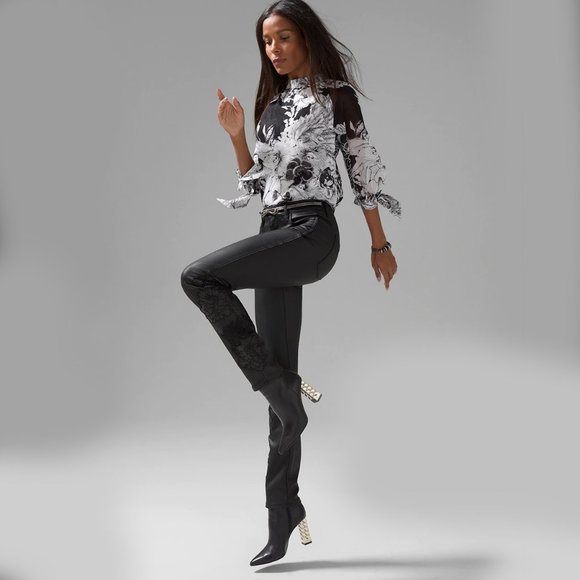 WHBM NWT $150 High-Rise Coated Denim & Lace Slim Jeans Black - Picture 3 of 9